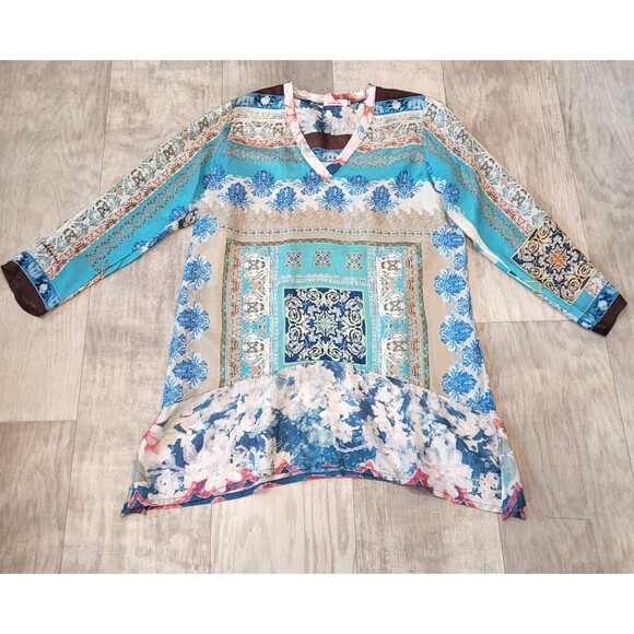 JOHNNY WAS Size PM Multicolored 100% Silk Floral Tunic V-Neck Bohemian Flowy - Picture 1 of 8